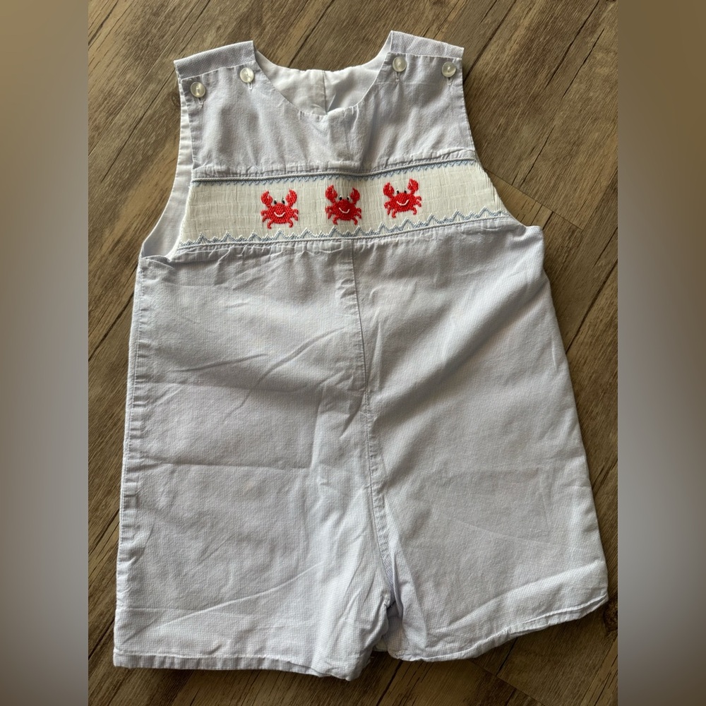 Blue and white crab smocked Jon Jon shortalls